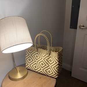 Woven Tan and White Geometric Tote Bag